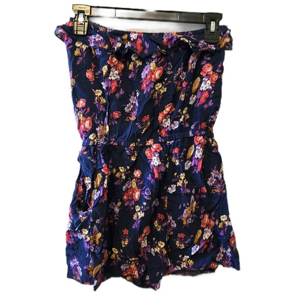 Vintage Y2K Strapless Floral Romper Ruffle Pockets Cottage Beach Navy Pink Sz M - Picture 3 of 4